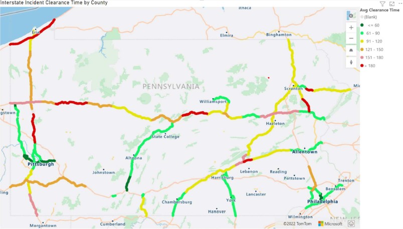 An image of a screenshot with a map of Pennsylvania that uses different colors to show interstate incident clearance times by county